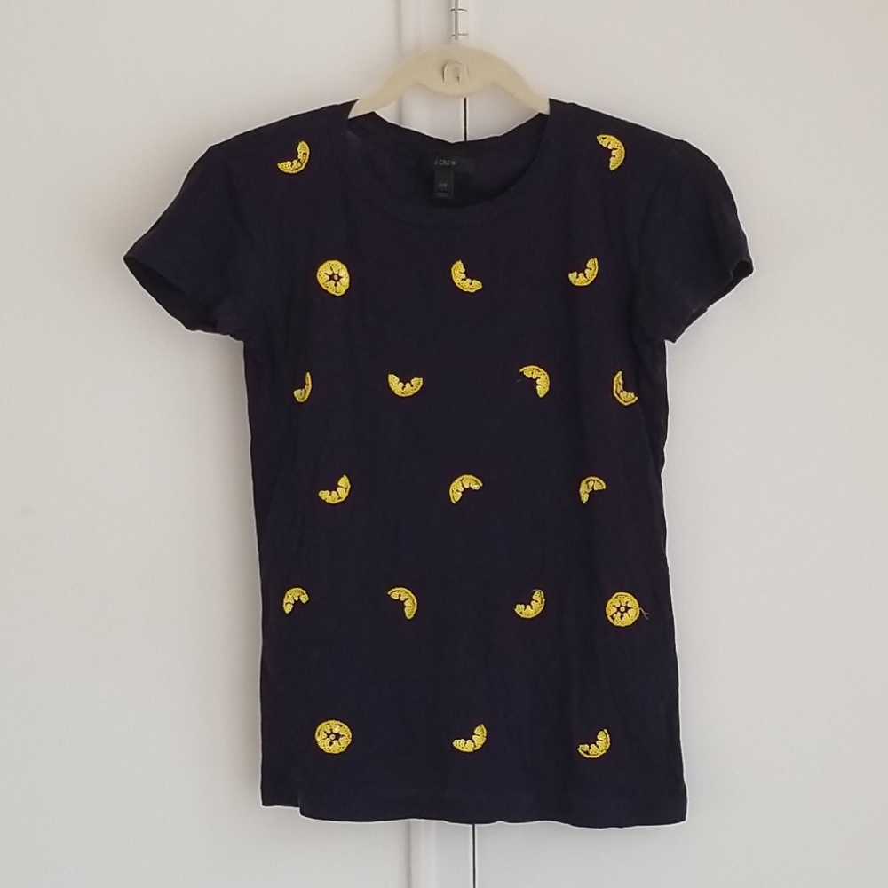 J. Crew Fitted Lemon Embroidered NAVY tee SZ XXS
